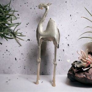 Vintage Silver Metal Camel Figurine | Handcrafted Etched Tall Camel Sculpture